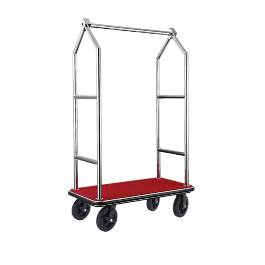 Gepäckwagen Voyager, 112 x 65 x 190 cm, gebürstet, roter Teppich, Chromnickelstahl 18/8 