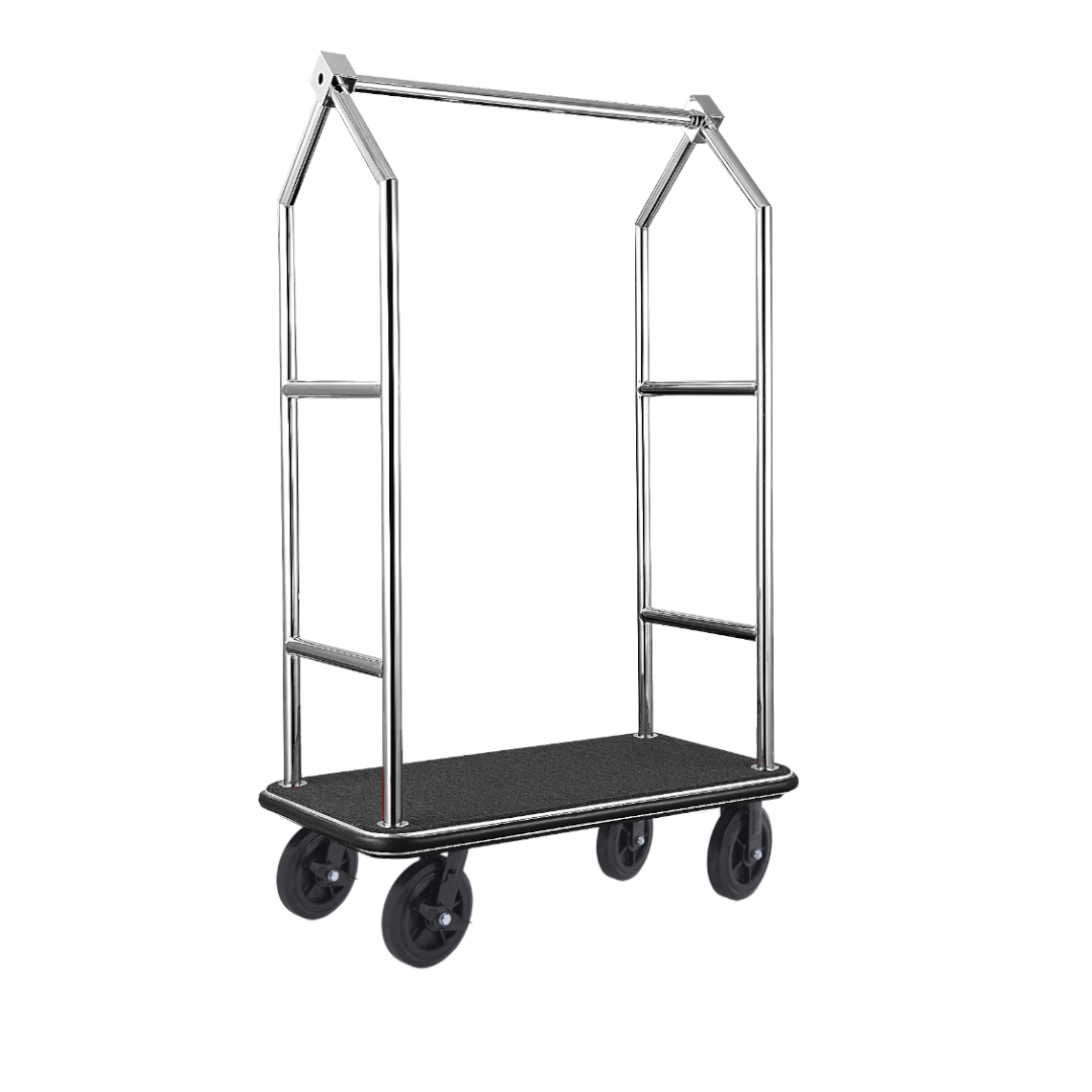 Gepäckwagen Voyager, 112 x 65 x 190 cm, gebürstet, schwarzer Teppich, Chromnickelstahl 18/8 