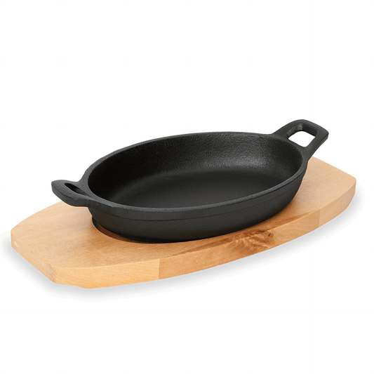 Servierpfanne Iron Dining, mit Holzuntersetzer, 18 x 12 x 3 cm, Gusseisen, Holz 