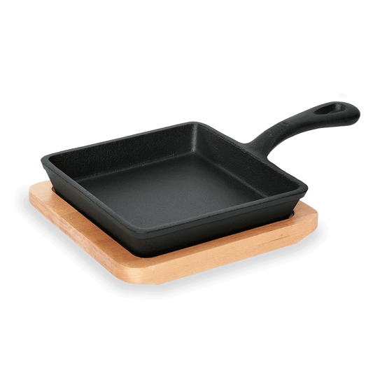Mini Servierpfanne Iron Dining, mit Holzuntersetzer, 14,5 x 14,5 x 2,5 cm, Gusseisen Holz 