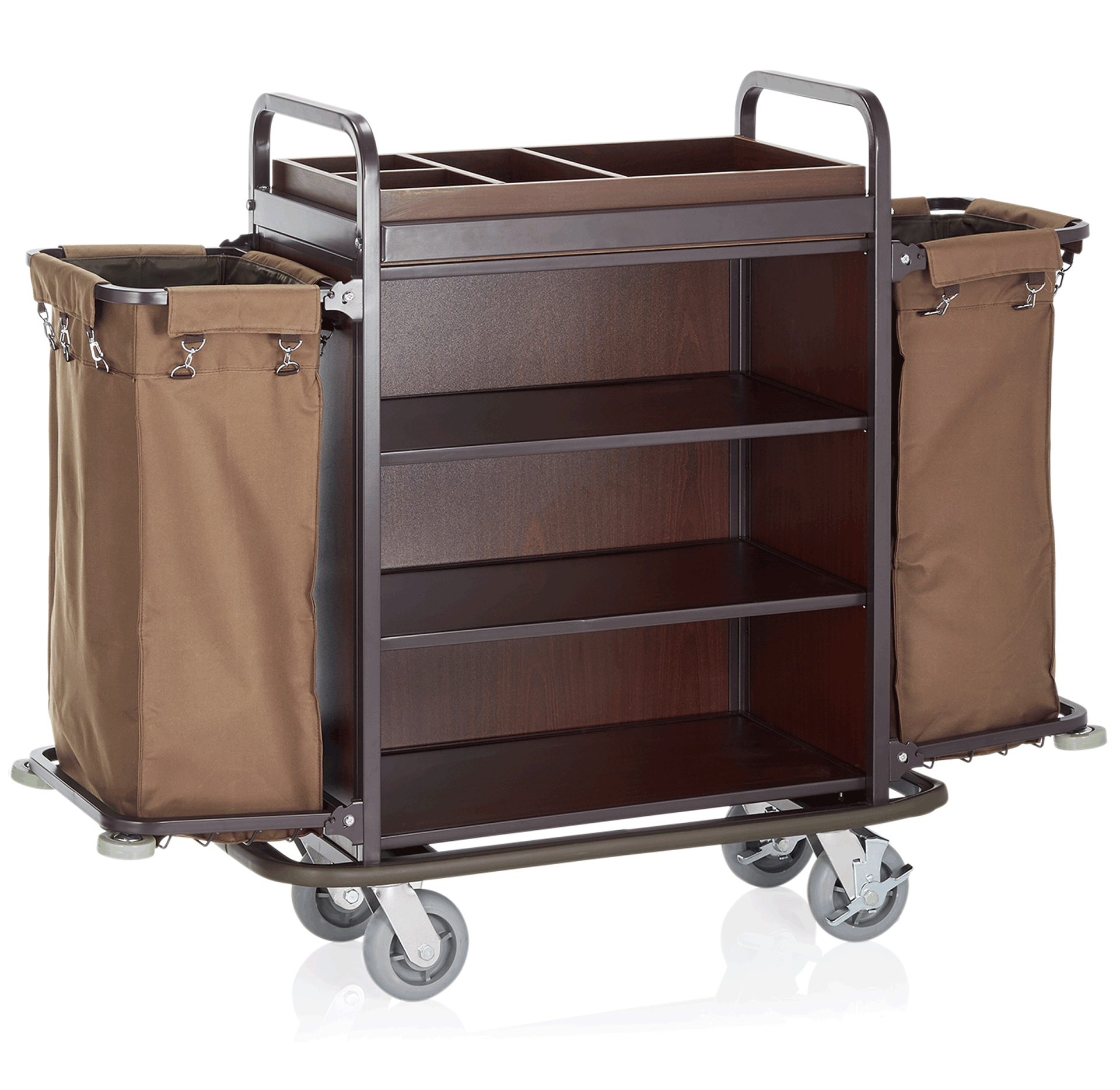 Zimmerservicewagen, 146 x 50 x 120 cm, braun, Stahl, Polyesterfaserstoff, Holz 