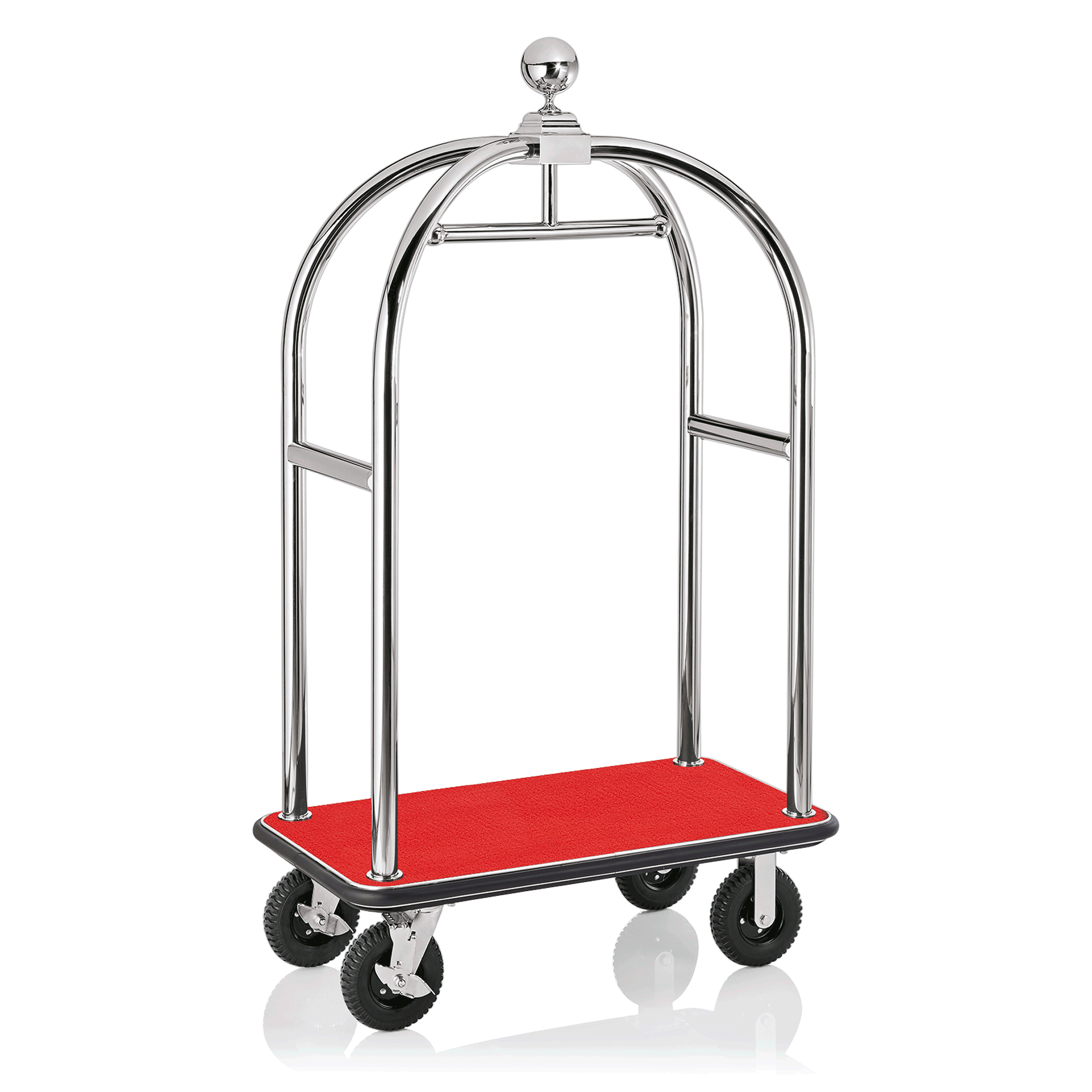Gepäckwagen Drift, 112 x 60 x 190 cm, silberfarben, roter Teppich, chromnickelstahl 18/8 