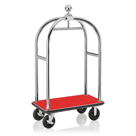 Gepäckwagen Drift, 112 x 60 x 190 cm, silberfarben, roter Teppich, chromnickelstahl 18/8 