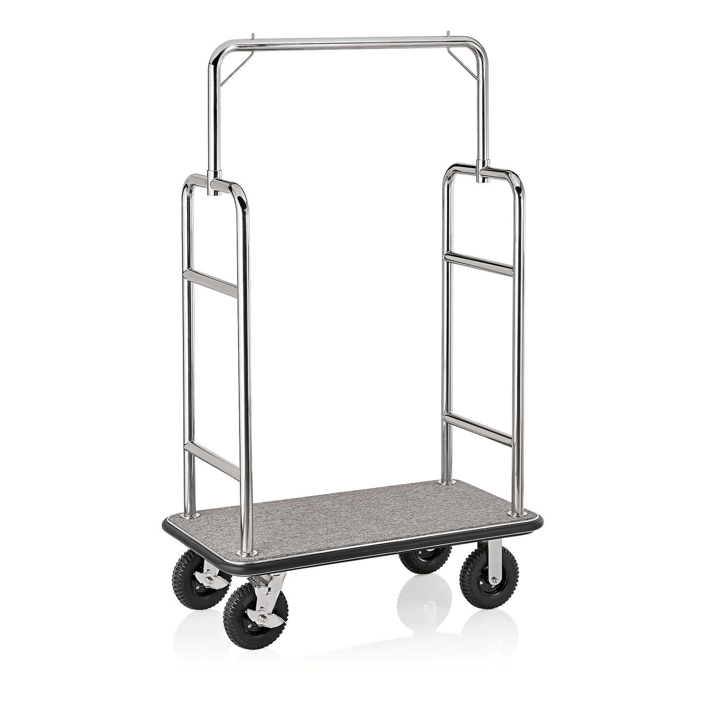Gepäckwagen Transit, 112 x 60 x 185 cm, silberfarben, grauer Teppich, Edelstahl 