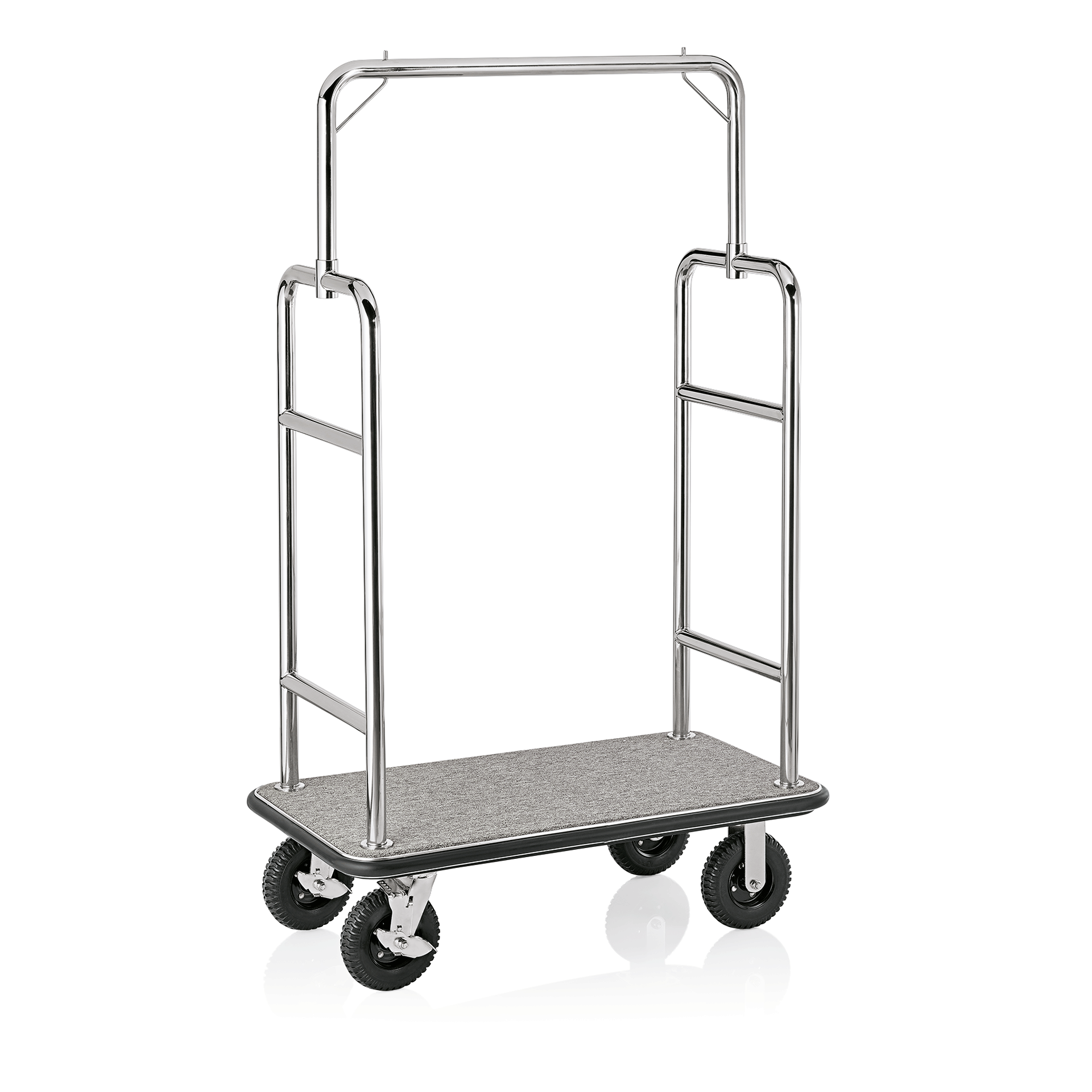 Gepäckwagen Transit, 112 x 60 x 185 cm, silberfarben, grauer Teppich, Edelstahl 