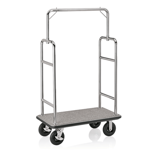 Gepäckwagen Transit, 112 x 60 x 185 cm, silberfarben, grauer Teppich, Edelstahl 