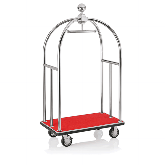 Gepäckwagen Unity, 112 x 60 x 185 cm, silberfarben, roter Teppich, Edelstahl 