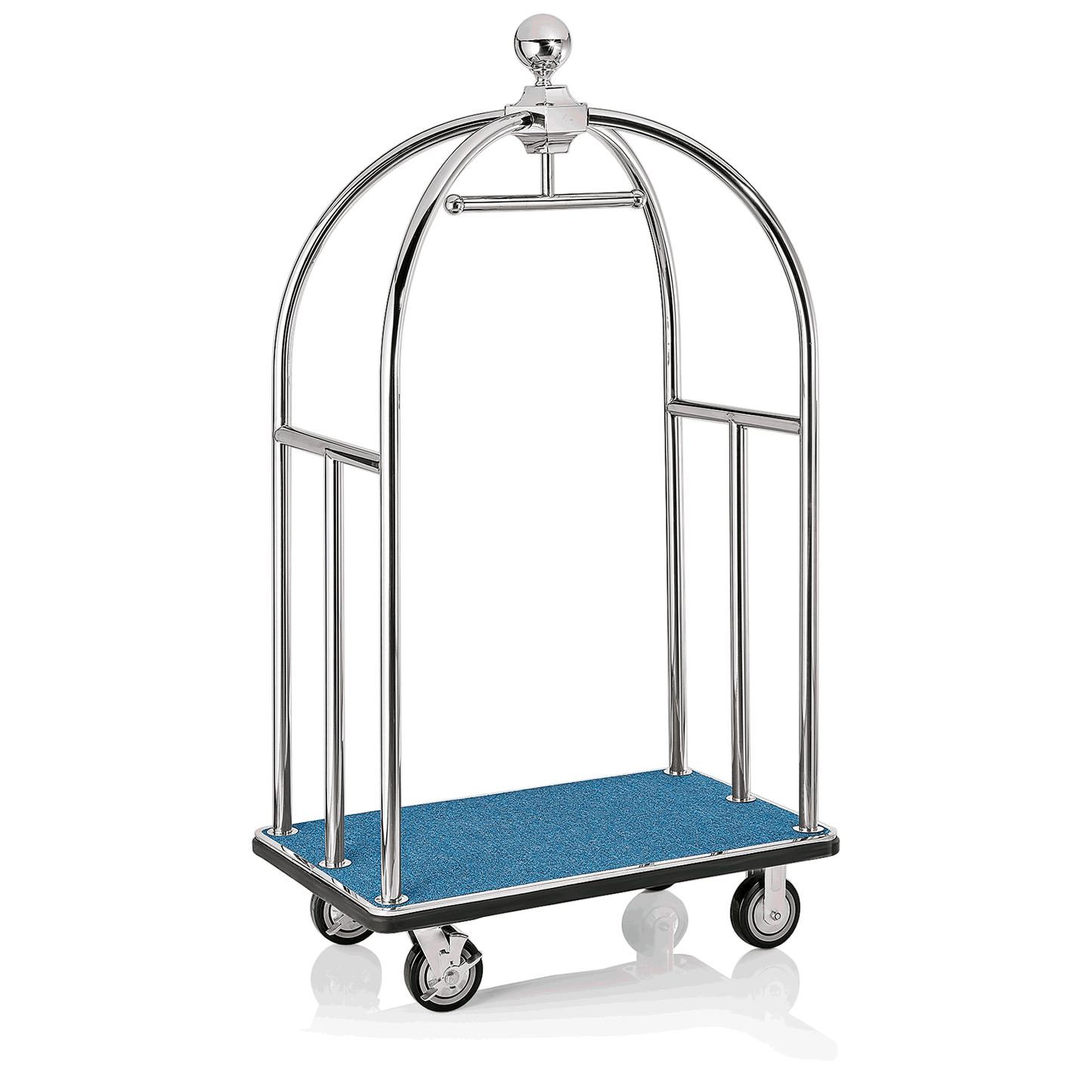 Gepäckwagen Unity, 112 x 60 x 185 cm, silberfarben, blauer Teppich, Edelstahl 