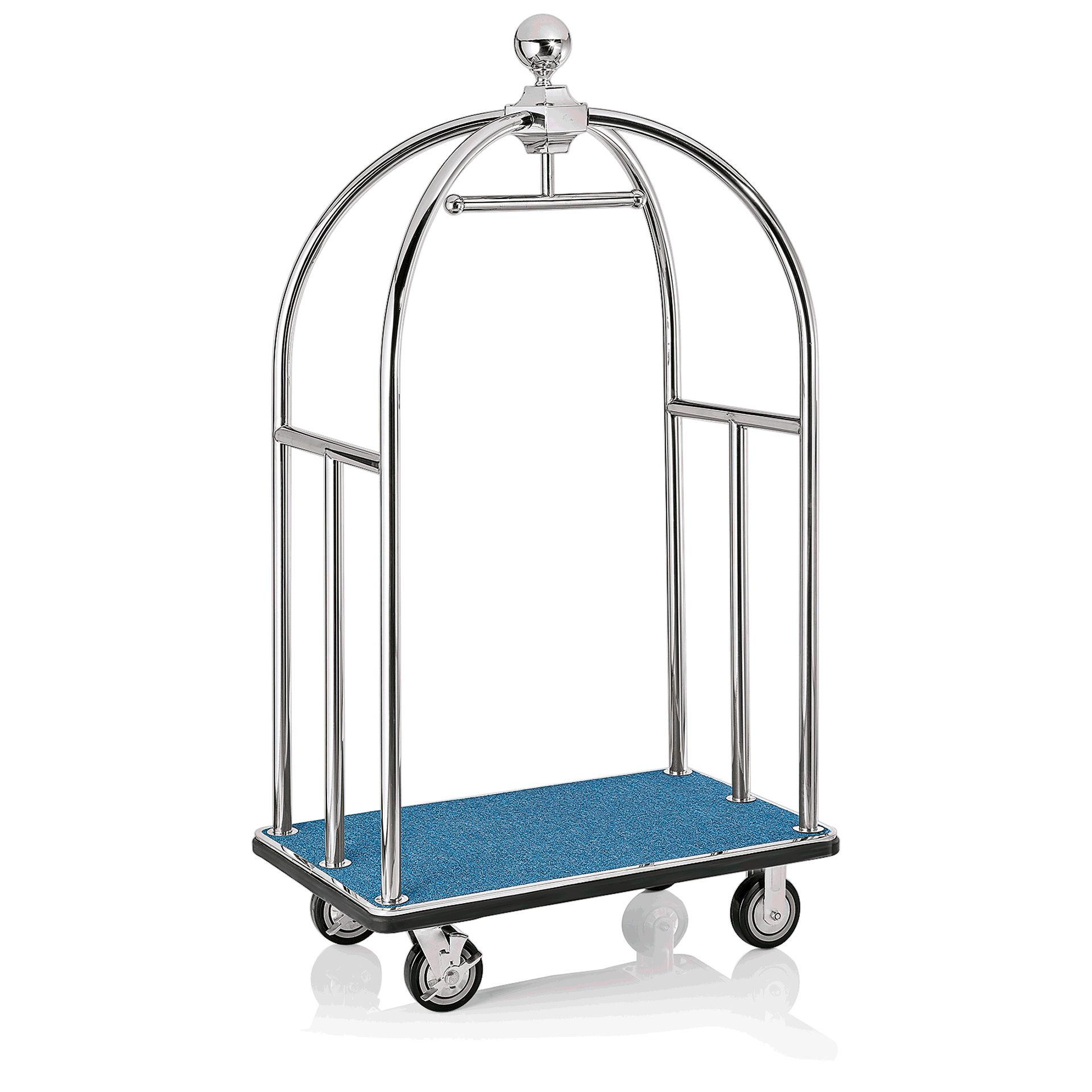 Gepäckwagen Unity, 112 x 60 x 185 cm, silberfarben, blauer Teppich, Edelstahl 