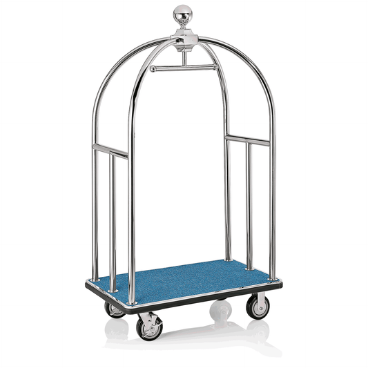 Gepäckwagen Unity, 112 x 60 x 185 cm, silberfarben, blauer Teppich, Edelstahl 