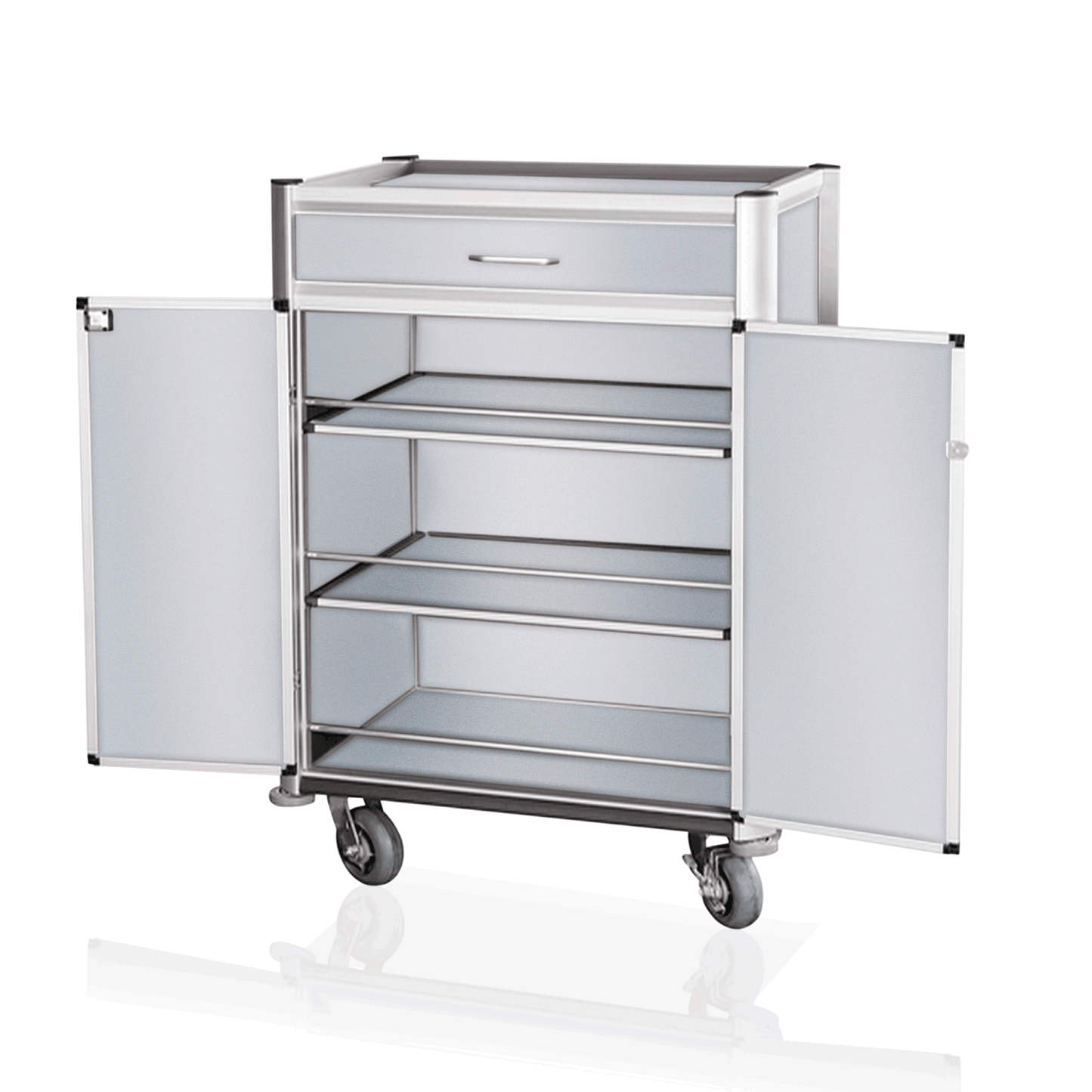 Minibar Servicetrolley, 85 x 60 x 135 cm, weiß, helle Kanten, Aluminium, MDF 