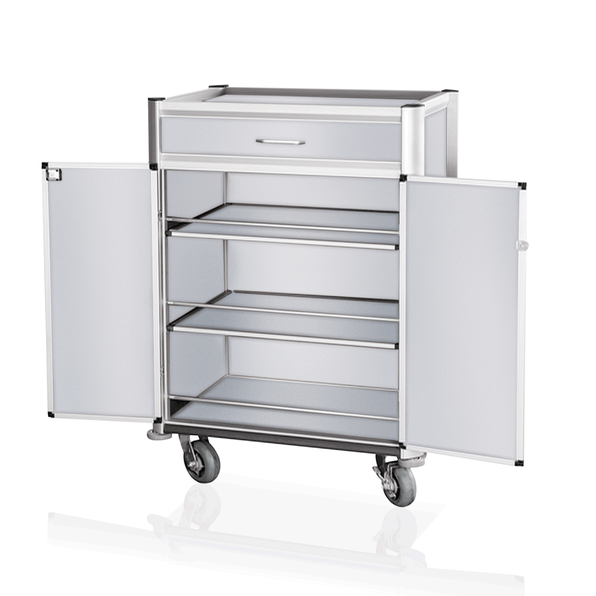Minibar Servicetrolley, 85 x 60 x 135 cm, weiß, helle Kanten, Aluminium, MDF 