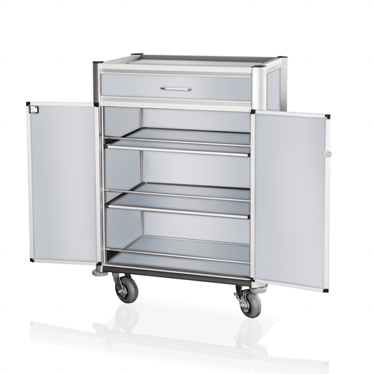 Minibar Servicetrolley, 85 x 60 x 135 cm, weiß, helle Kanten, Aluminium, MDF 