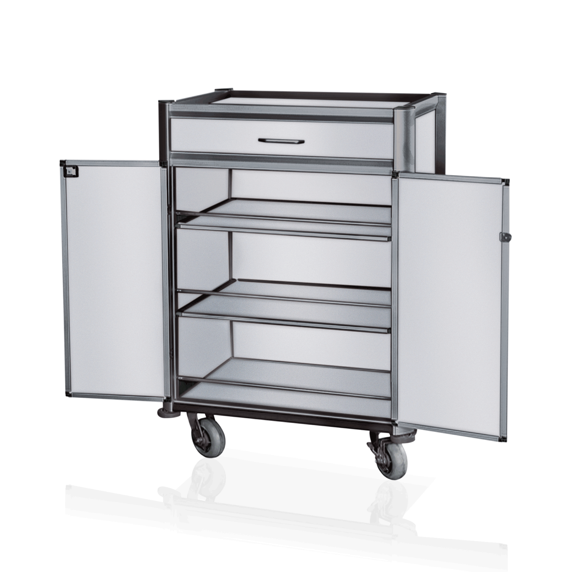 Minibar Servicetrolley, 85 x 60 x 135 cm, weiß, dunkle Kanten, Aluminium, MDF 