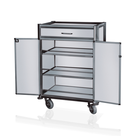 Minibar Servicetrolley, 85 x 60 x 135 cm, weiß, dunkle Kanten, Aluminium, MDF 