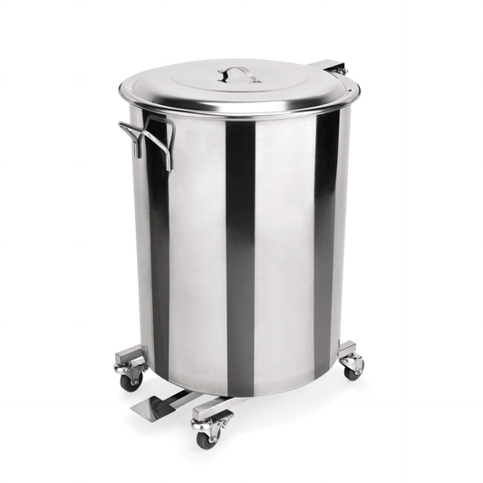 Tretabfallbehälter mit 4 schwenkbaren Rollen, 65 ltr., Ø 40 cm, Chromnickelstahl 