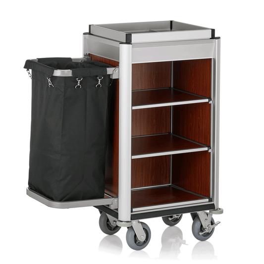 Zimmerservicewagen Isabella, 95 x 55 x 116 cm, helle Kanten, dunkle Holzoptik, Aluminium, MDF, Polyesterfaserstoff