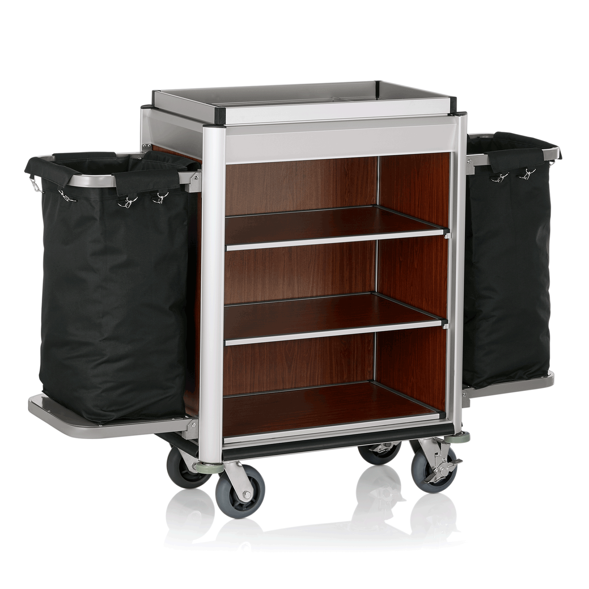Zimmerservicewagen Isabella, 155 x 55 x 116 cm, helle Kanten, dunkle Holzoptik, Aluminium, MDF, Polyesterfaserstoff
