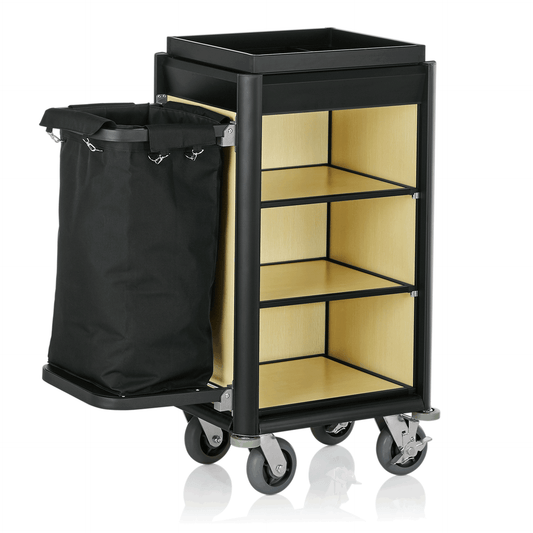 Zimmerservicewagen Isabella, 95 x 55x x116 cm, schwarze Kanten, helle Holzoptik, Aluminium, MDF, Polyesterfaserstoff