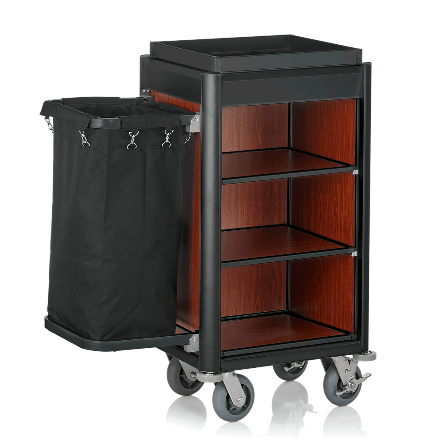 Zimmerservicewagen Isabella, 95 x 55 x 116 cm, schwarze Kanten, dunkle Holzoptik, Aluminium, MDF, Polyesterfaserstoff