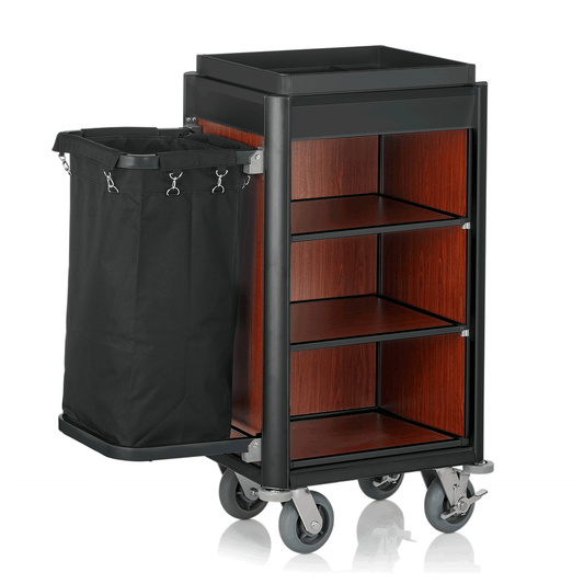 Zimmerservicewagen Isabella, 95 x 55 x 116 cm, schwarze Kanten, dunkle Holzoptik, Aluminium, MDF, Polyesterfaserstoff