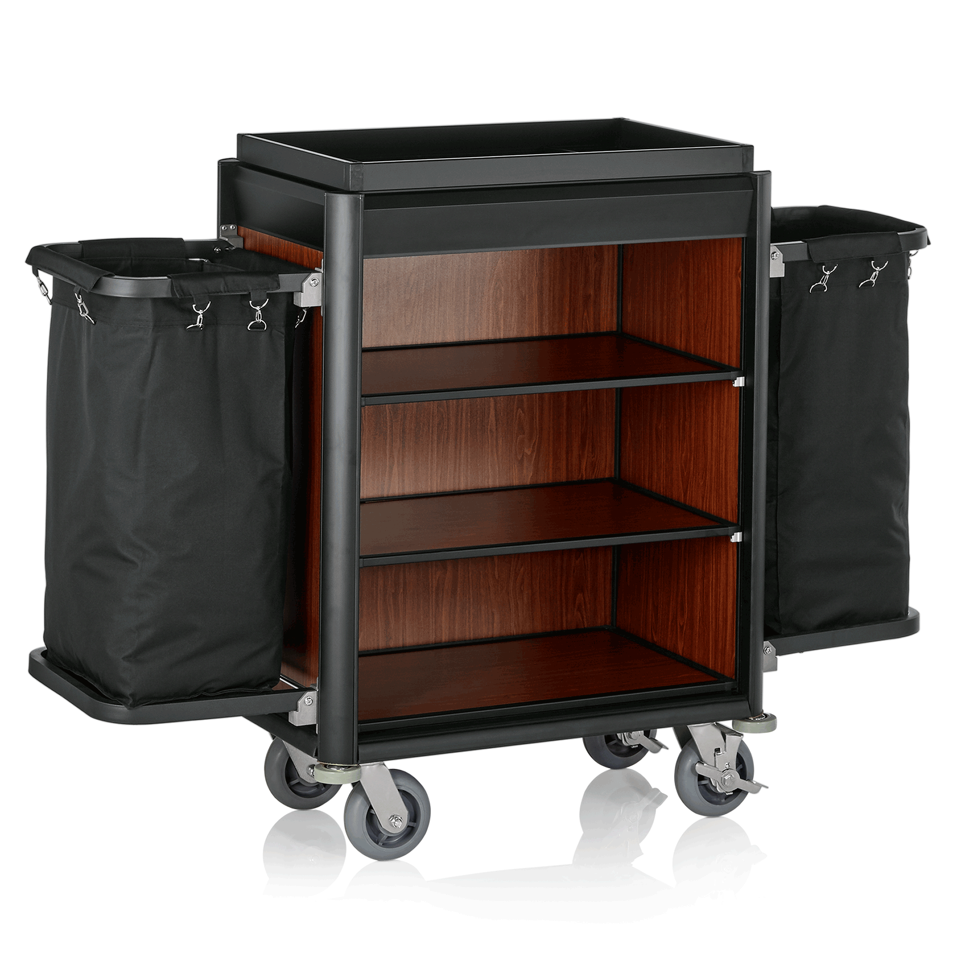 Zimmerservicewagen Isabella, 155 x 55 x 116 cm, schwarze Kanten, dunkle Holzoptik, Aluminium, MDF, Polyesterfaserstoff