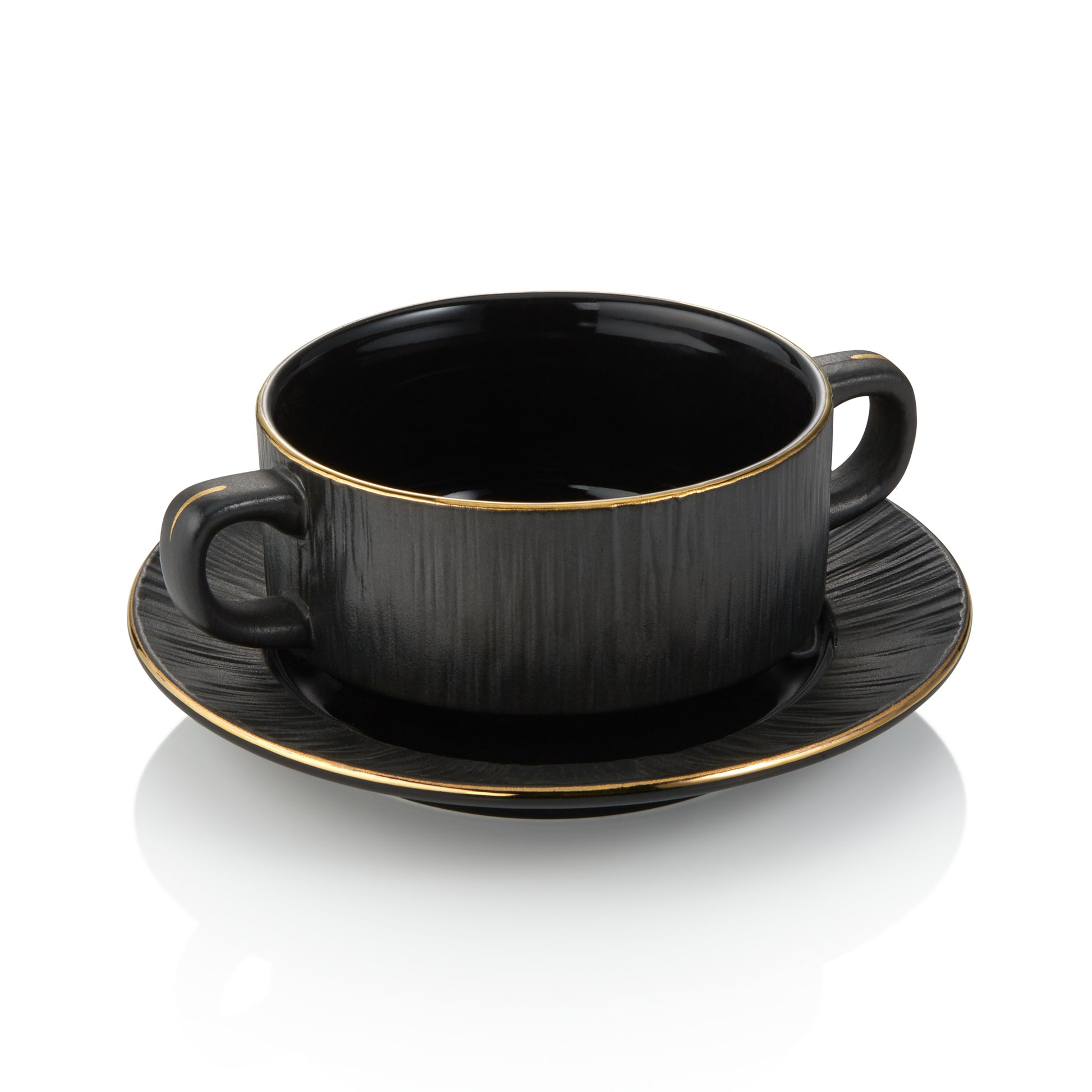 Suppentasse mit Untertasse Set MAYA KURO, Ø 10,5 cm, 250 ml, schwarz, Set á 4 Stück, Porzellan 