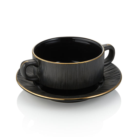 Suppentasse mit Untertasse Set MAYA KURO, Ø 10,5 cm, 250 ml, schwarz, Set á 4 Stück, Porzellan 