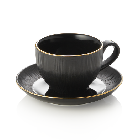 Cappuccinotasse mit Untertasse Set MAYA KURO, 200 ml, schwarz, Set á 4 Stück, Porzellan 