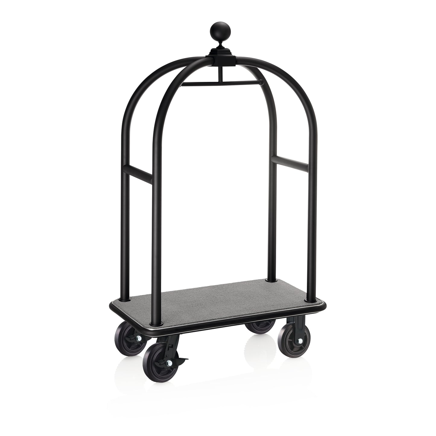 Gepäckwagen Drift, 112 x 60 x 190 cm, schwarz, grauer Teppich, Chromnickelstahl 18/8 