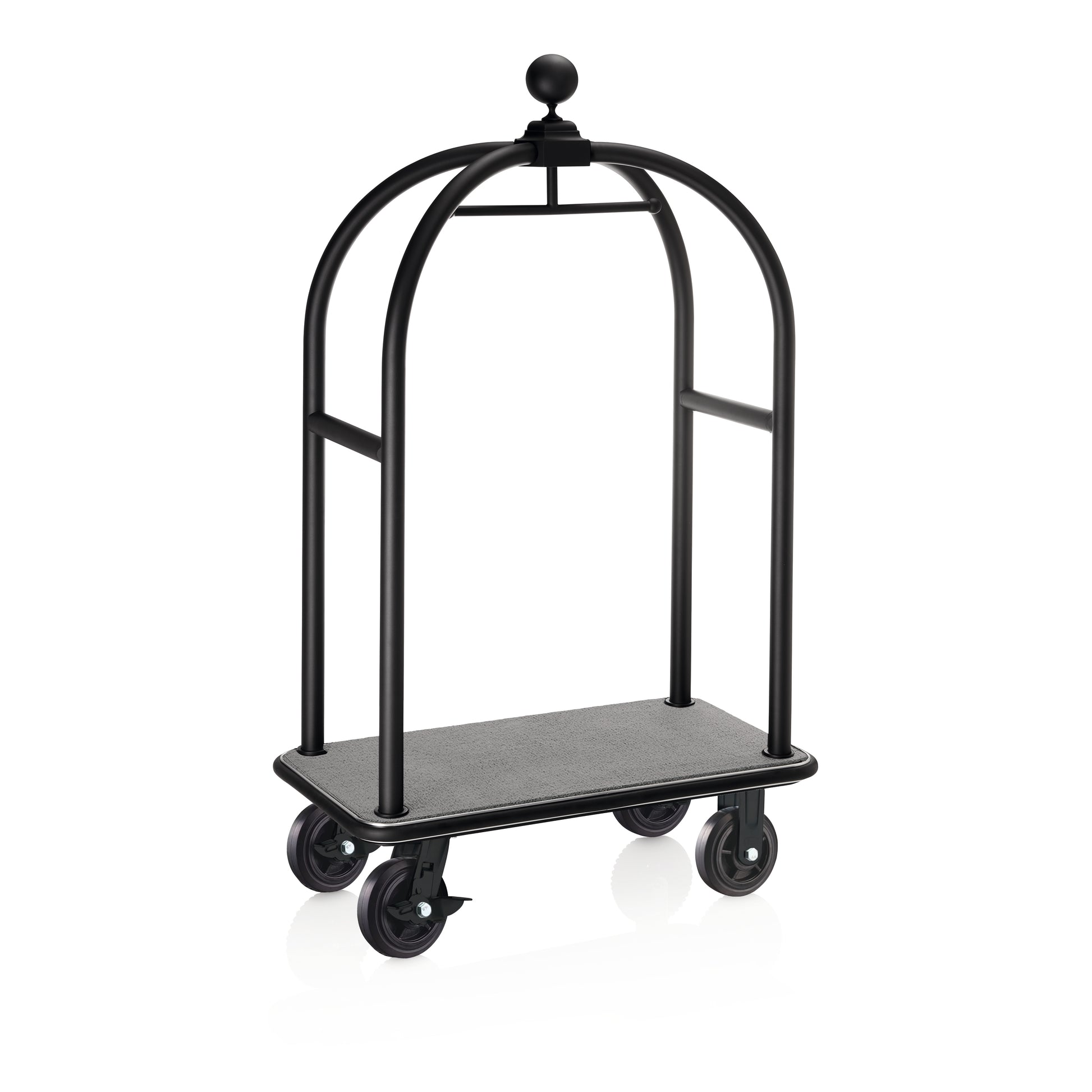 Gepäckwagen Drift, 112 x 60 x 190 cm, schwarz, grauer Teppich, Chromnickelstahl 18/8 