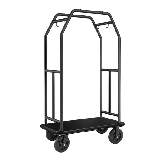 Gepäckwagen Traveller, 112 x 60 x 185 cm, schwarz, Pulverbeschichtet, schwarzer Teppich, Chromnickelstahl 18/8